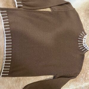 Chic Brown Crew Neck Sweater with White Accents